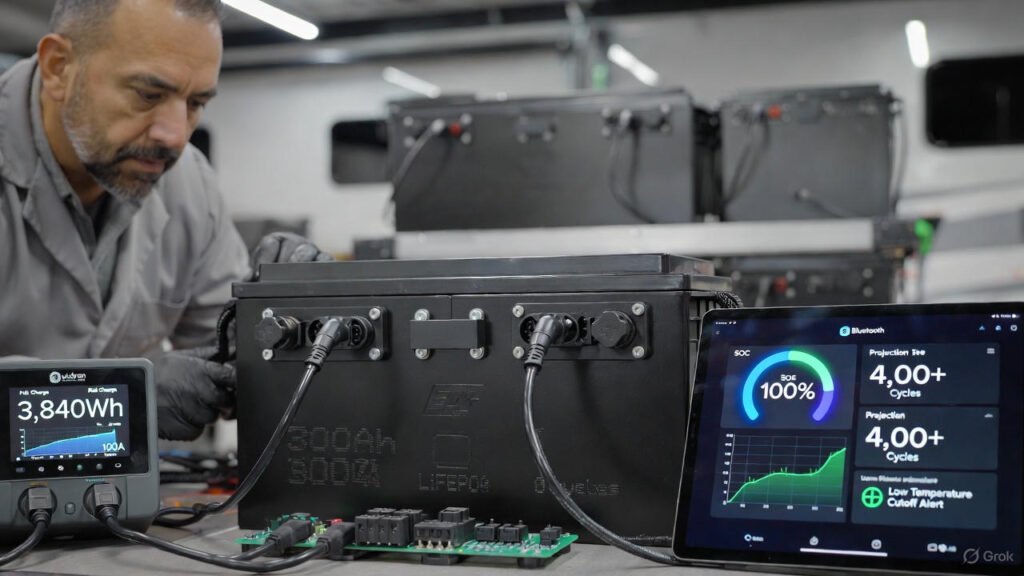 Epoch 300Ah Elite LiFePO4 battery review 2025 RV lab test setup with BMS app and solar charge.
